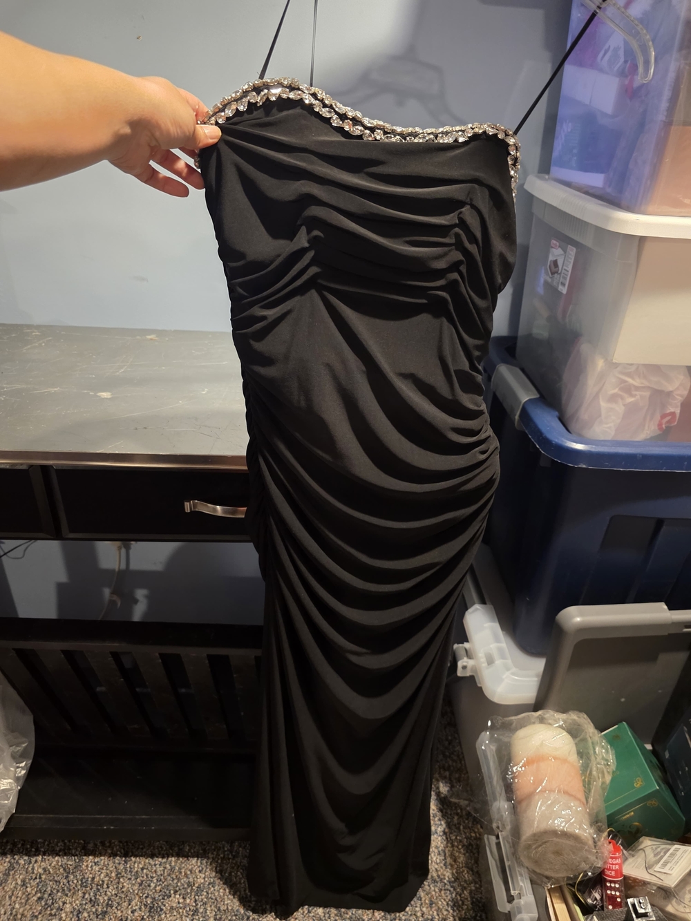 Black Ruched Strapless Evening Dress with Beaded Trim